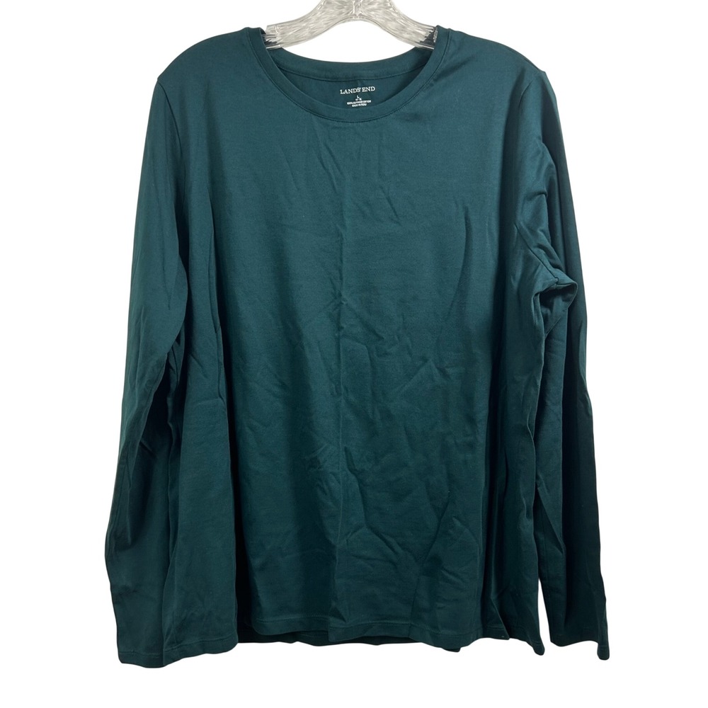 Lands End Womens L 14-16 Forest Green 100% Supima Cotton Long Sleeve Tee